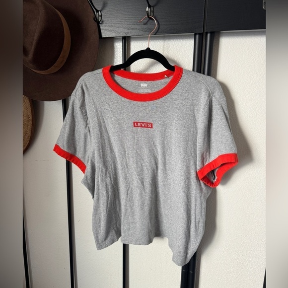Levi’s grey red ribbed vintage retro ringer tee cropped T-shirt tee shirt top - Picture 1 of 6
